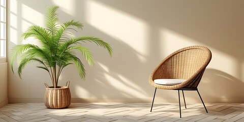 A stylish bohemian-inspired interior featuring a wicker chair and a potted plant, illuminated by warm natural light, creating a cozy, relaxing, and aesthetically pleasing ambiance.

