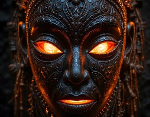 Naklejka premium Ornate Carved Face with Glowing Eyes and Lips Close-up