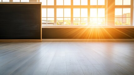 Fototapeta premium Sunlight streaming through large windows into a spacious classroom with a chalkboard