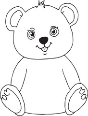 This is a simple black-and-white line drawing of a cute teddy bear with round ears, large expressive eyes, and a small tuft of hair on its head on white background
