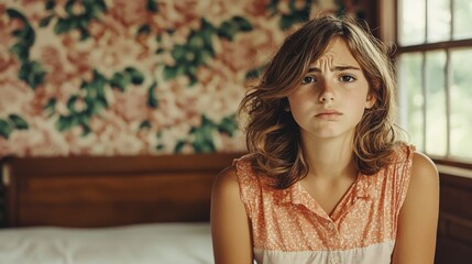 Fototapeta premium Teen Girl Worrying Retro Room Floral Wallpaper Sad Thoughtful Emotional Portrait