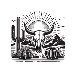 vector bull skull, cacti, mountains, and a setting sun t-shirt