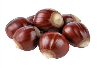Close up view of a pile of brown chestnuts against a white background. The chestnuts are smooth with a slightly powdery texture around the edges