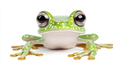 Close up of a vibrant green frog with large, dark eyes and small, light colored spots against a stark white background. The frog's skin texture is
