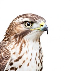 Close up of a hawk's head and shoulders against a white background. The bird of prey is detailed, showing its sharp beak, intense gaze and feathers