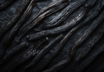 Obraz premium Close-Up View of Dark Vanilla Pods Arranged on a Textured Background Perfect for Culinary and Natural Product Themes