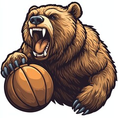 A dynamic illustration of a roaring bear gripping a basketball, showcasing strength and determination in sports. Ideal for basketball promotions, team mascots, and animal graphics.