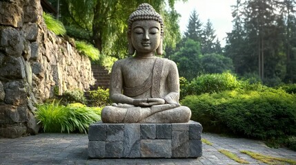 Obraz premium Serene Buddha Statue in Tranquil Garden Peaceful Meditation Spiritual Enlightenment