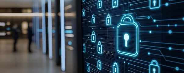 Modern bank interior with cybersecurity graphics and digital locks