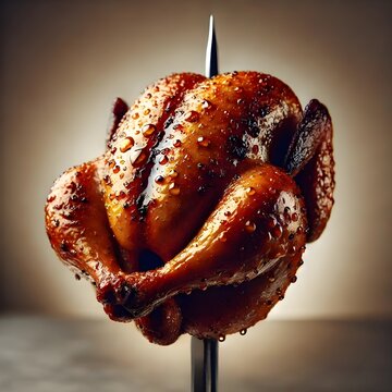 professional image showcasing a single roasted chicken, positioned horizontally on a large metal skewer, tightly secured and perfectly browned, reflecting the shine of the golden&nbsp;



