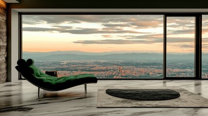 Fototapeta premium Modern Luxury Living Room with Panoramic City View at Sunset