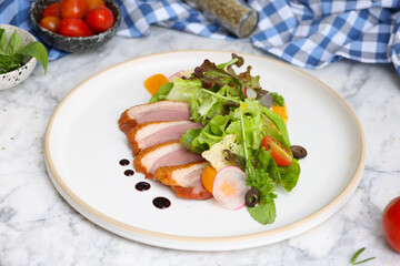 Gourmet duck breast salad modern kitchen food photography stylish design top view culinary art