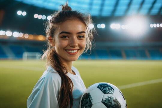 A confident female soccer player, holding a ball and grinning at the camera. The background stadium adds a competitive and professional atmosphere.