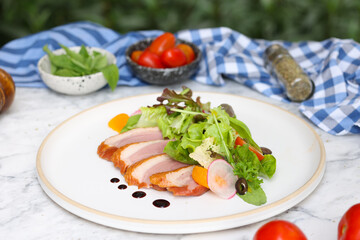 Gourmet duck breast salad modern kitchen food photography bright setting close-up culinary delight