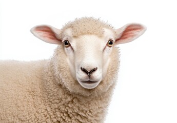 Fototapeta premium Close up portrait of a sheep against a white background. The sheep has a calm expression and its wool is light beige. The image is well lit and shows