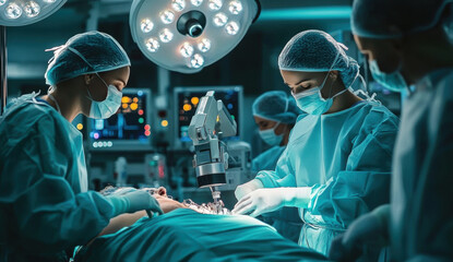 robotic arm is performing operation in modern surgical room with medical staff. atmosphere is focused and professional, showcasing advanced technology in healthcare