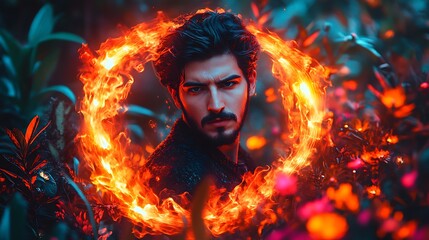 Fiery man portrait, jungle, fantasy