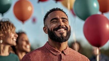Obraz premium Joyful Man Smiles Amidst Colorful Balloons at Festive Celebration