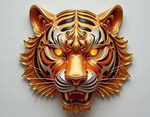 Fototapeta premium Ornate Golden Tiger Head Sculpture with Striking Details and Bright Eyes