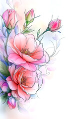 Fototapeta premium Line art drawing of white roses, light gray background, bokeh effect, clipart with space for text in the center