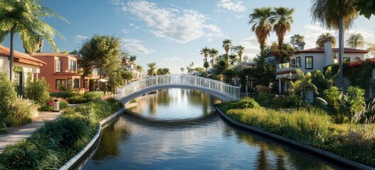 Obraz premium Sunny Canal Bridge Over Residential Homes