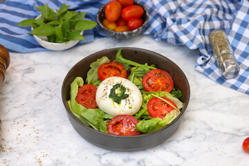 Fresh salad creation kitchen food photography bright environment top-down view culinary art