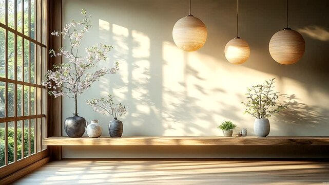 Minimalist Japanese zen interior with wooden pendant lights, soft natural sunlight, and elegant ceramic vases on floating shelf in tranquil ambiance. Seamless looping 4K time-lapse animation video bac