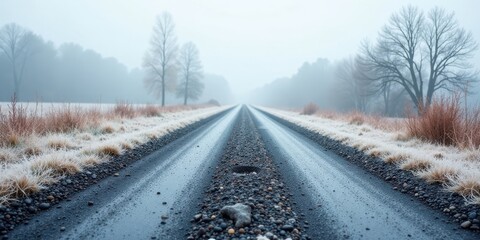 Fototapeta premium A Frosty Rural Road Beckons on a Misty Morning, the Path Winding Through a Serene Winter Landscape