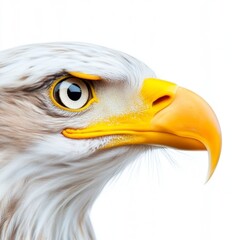 Close up of an eagle's head against a white background. The eagle's eye is sharp, and its beak is prominent. Feathers are detailed