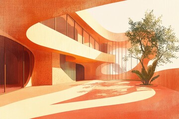 Fototapeta premium Modern architectural building facade with tree and large outdoor space