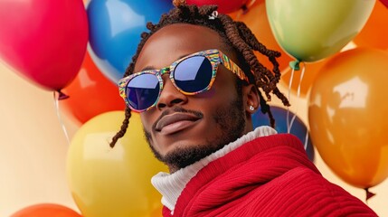 Joyful Man with Colorful Balloons and Sunglasses