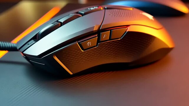 Close-up of a high-performance gaming mouse with LED lighting on a textured mouse pad