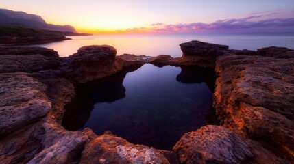 Serene Sunset Coastline  Ocean Rock Pool at Dusk