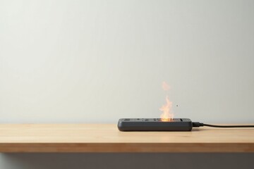 Electrical Outlet Fire Hazard  A Burning Power Strip on Wooden Surface