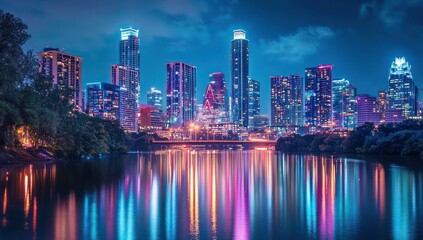 Fototapeta premium Nighttime neon illumination of urban skyline, smart city.