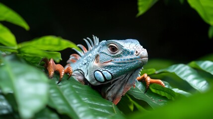 Fototapeta premium Emerald Iguana in Rainforest Close up Reptile Tropical Wildlife Nature Exotic Lizar