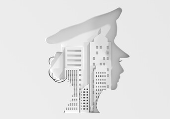 Policewoman face side view icon featuring buildings icons. Elegant silhouettes of a female head. Avatar profile sign. 3D render