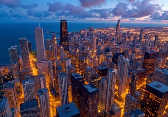 Fototapeta premium Aerial view of a city skyline at twilight. Buildings are illuminated, streets glow, and the lake is dark. Warm toned city lights contrast with the