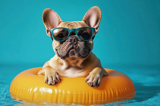 Cute French bulldog wearing sunglasses, relaxing on orange float in pool. This playful scene captures joy and fun of summer days spent by water