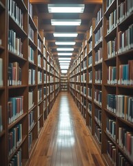 Obraz premium A vast library with towering wooden bookshelves stretching into the distance, illuminated by soft overhead lighting, creating a warm and intellectual atmosphere.