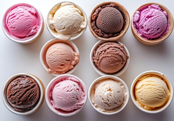 Colorful assortment of gourmet ice cream scoops in cups, showcasing a variety of flavors and textures for summer dessert delights and sweet treats