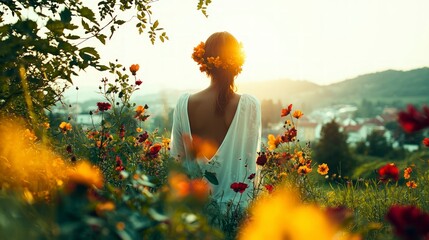 Woman in Flower Crown  Sunset Meadow  Serene Nature Scene