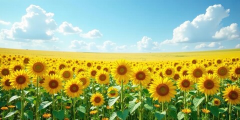 Obraz premium A vibrant field of sunflowers basking in the summer sun's golden rays, under a bright sky dotted with fluffy white clouds, creating a picturesque pastoral scene.