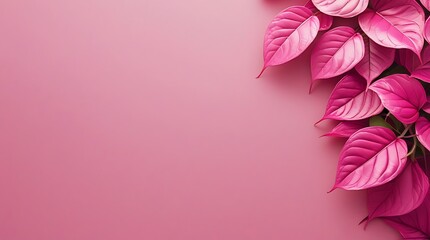 Fototapeta premium Elegant composition of vibrant pink leaves arranged on a soft pink background, creating a stylish and minimalist aesthetic with a monochromatic theme, ideal for modern design and decor.