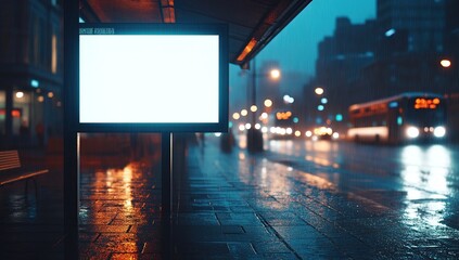 Blank Billboard at a Rainy Night City Bus Stop