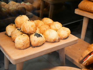 Delicious baked goods displayed at a bakery in a city