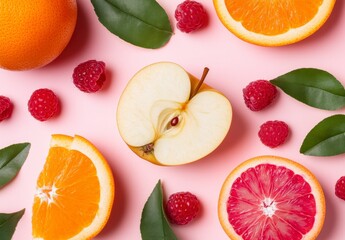 Vibrant flatlay featuring a halved apple, orange slices, raspberries, and green leaves arranged on a pink background. The image is bright and