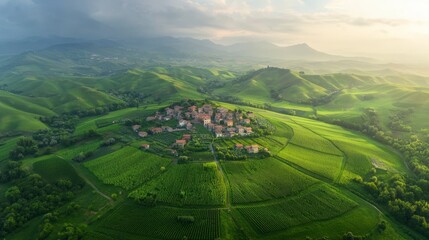 Obraz premium Aerial View Italian Countryside Rolling Hills Vineyards Village