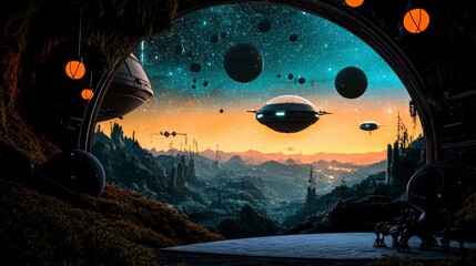 Obraz premium Futuristic Spaceships Alien Landscape Sci Fi Artwork Cosmic Scene