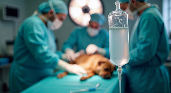Veterinarian surgeons performing surgery, operating dog lying on a surgical table, saline solution dripping from an iv bag in the foreground, bright surgical lights illuminating the scene
